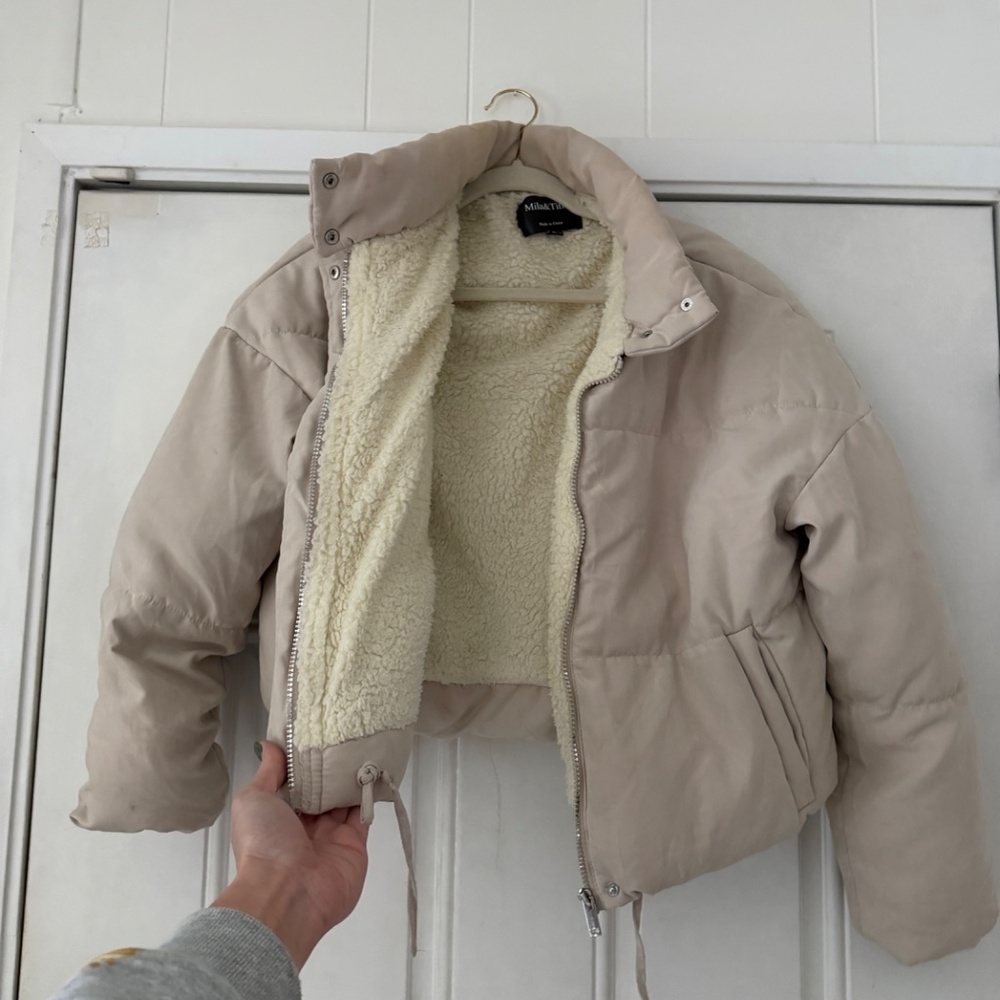 Milano Women's super cute double layered spring, crop Cream Puffer Jacket. Stay - Picture 7 of 12